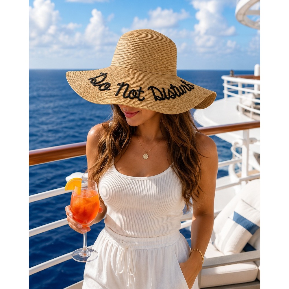 Do Not Disturb Wide Brim Straw Sun Hat Floppy Beach Vacation Pool Tan Embroidery